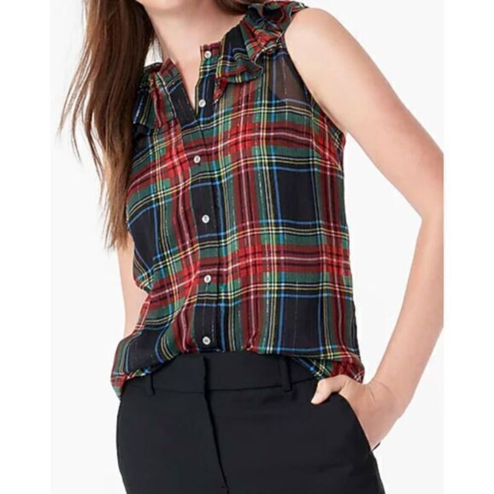 J.CREW Sleeveless Ruffle Collar Top Black Stewart Tartan Plaid Blouse XSMALL
